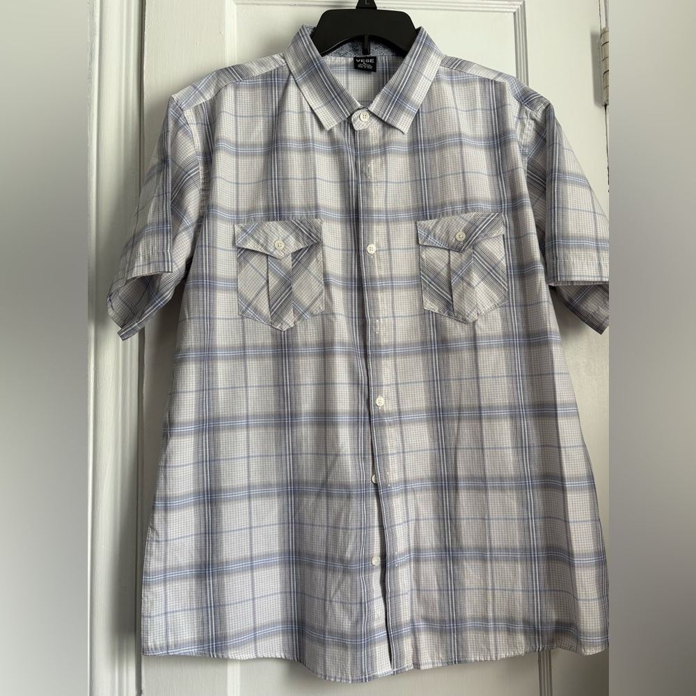 Vese Plaid Short Sleeves 2 Front Chest Button Down Shirt, Size: Large